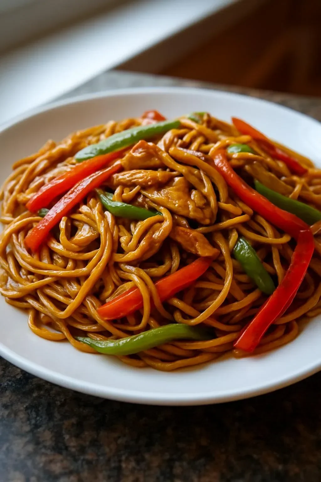 Delicious Chicken Hakka Noodles served in a bowl with vibrant vegetables