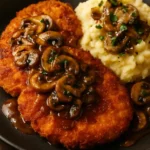 Crispy Chicken Schnitzel served with rich mushroom gravy on a plate