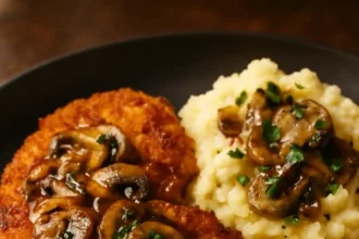 Crispy Chicken Schnitzel served with rich mushroom gravy on a plate