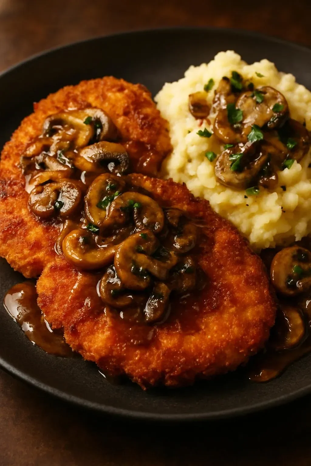 Crispy Chicken Schnitzel served with rich mushroom gravy on a plate