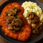 Crispy Chicken Schnitzel with Mushroom Gravy served on a plate