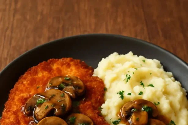 Crispy Chicken Schnitzel with Mushroom Gravy served on a plate