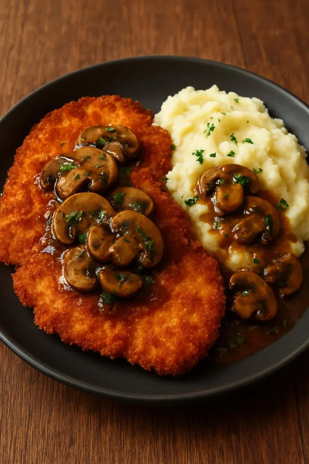 Crispy Chicken Schnitzel with Mushroom Gravy served on a plate