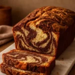Delicious chocolate marble banana bread freshly baked with ripe bananas.