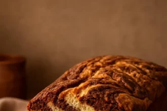 Delicious chocolate marble banana bread freshly baked with ripe bananas.