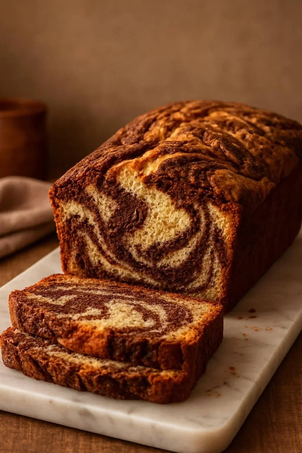 Delicious chocolate marble banana bread freshly baked with ripe bananas.