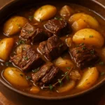 Delicious cider braised beef served with vegetables and spices