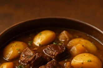Delicious cider braised beef served with vegetables and spices