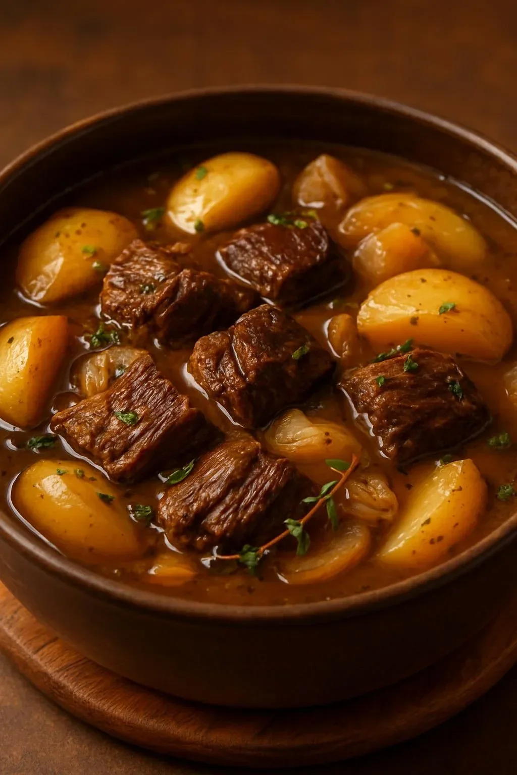 Delicious cider braised beef served with vegetables and spices