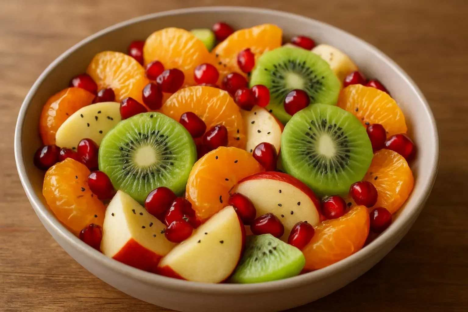 Citrus and fruit salad drizzled with honey-lime dressing on a plate