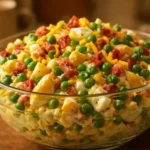 Classic Southern Pea Salad with fresh peas, onions, and dressing served in a bowl.