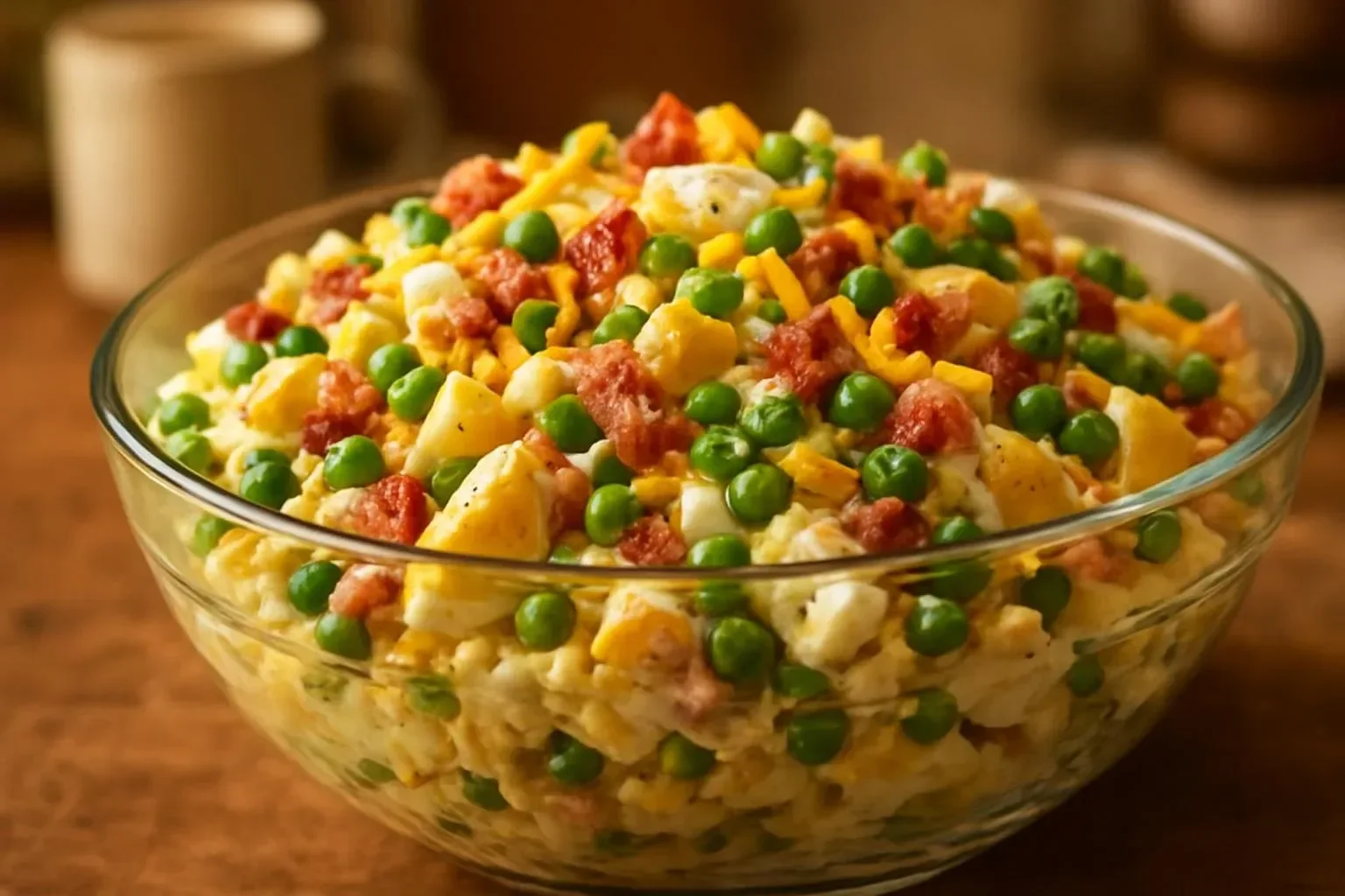 Classic Southern Pea Salad with fresh peas, onions, and dressing served in a bowl.