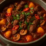 Delicious bowl of Coconut Beef Stew garnished with fresh herbs and spices.