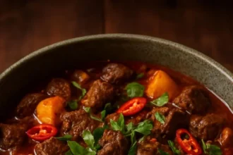 Delicious bowl of Coconut Beef Stew garnished with fresh herbs and spices.