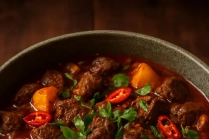 Delicious bowl of Coconut Beef Stew garnished with fresh herbs and spices.