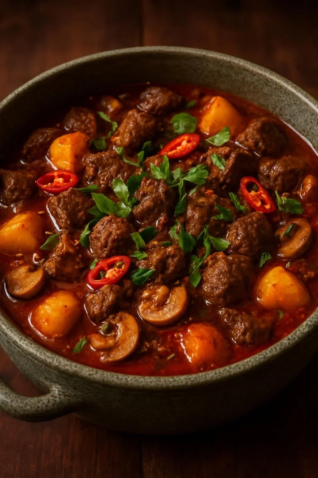 Delicious bowl of Coconut Beef Stew garnished with fresh herbs and spices.