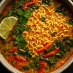 Bowl of coconut curry noodle soup with fresh herbs and spices