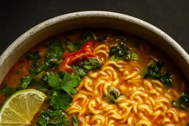 Bowl of coconut curry noodle soup with fresh herbs and spices