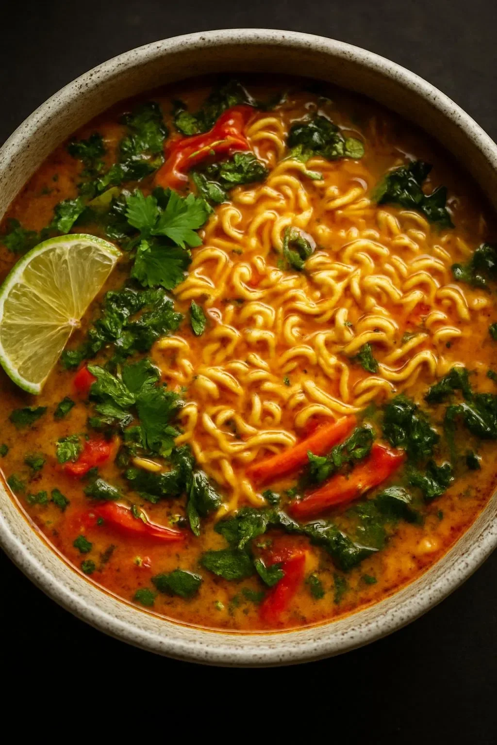 Bowl of coconut curry noodle soup with fresh herbs and spices