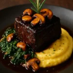 Delicious coffee-braised beef short ribs served with mushroom gravy