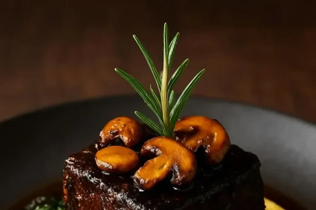 Delicious coffee-braised beef short ribs served with mushroom gravy