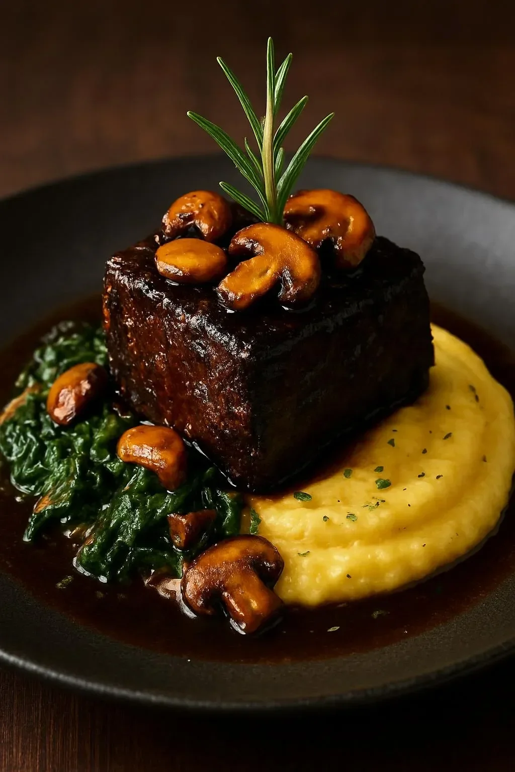 Delicious coffee-braised beef short ribs served with mushroom gravy