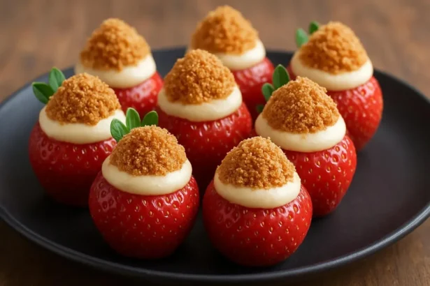 Delicious cookie butter cheesecake stuffed strawberries on a plate