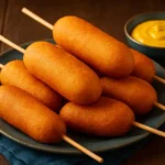 Homemade corn dog recipe with golden batter and a hot dog inside