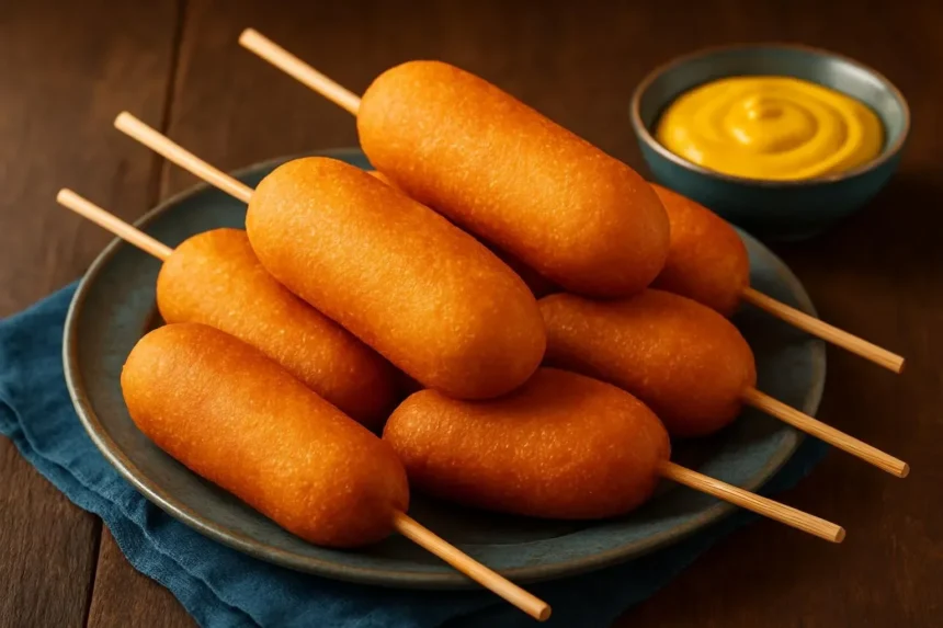 Homemade corn dog recipe with golden batter and a hot dog inside
