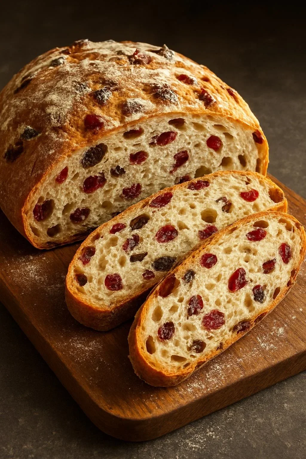 Cranberry Raisin Walnut Cinnamon Artisan Bread loaf fresh out of the oven