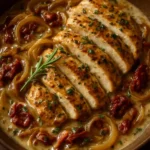 Creamy balsamic chicken served with roasted onions and sun-dried tomatoes