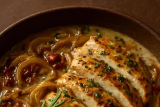 Creamy balsamic chicken served with roasted onions and sun-dried tomatoes