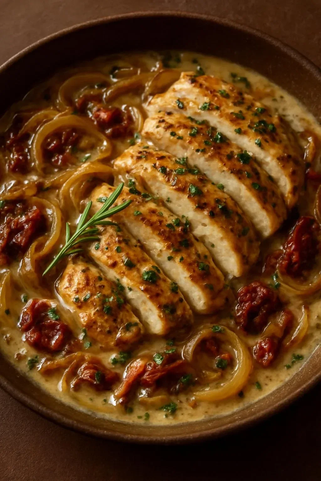 Creamy balsamic chicken served with roasted onions and sun-dried tomatoes