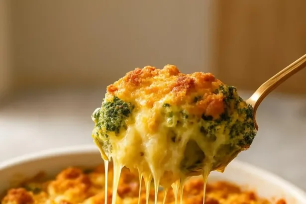Creamy broccoli cheddar casserole baked to perfection