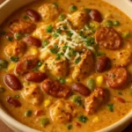 Bowl of creamy Cajun chicken soup with sausage and beans