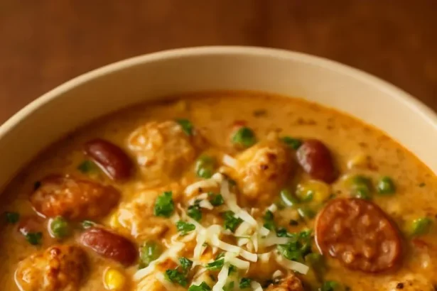 Bowl of creamy Cajun chicken soup with sausage and beans