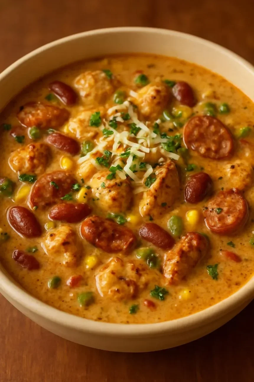 Bowl of creamy Cajun chicken soup with sausage and beans