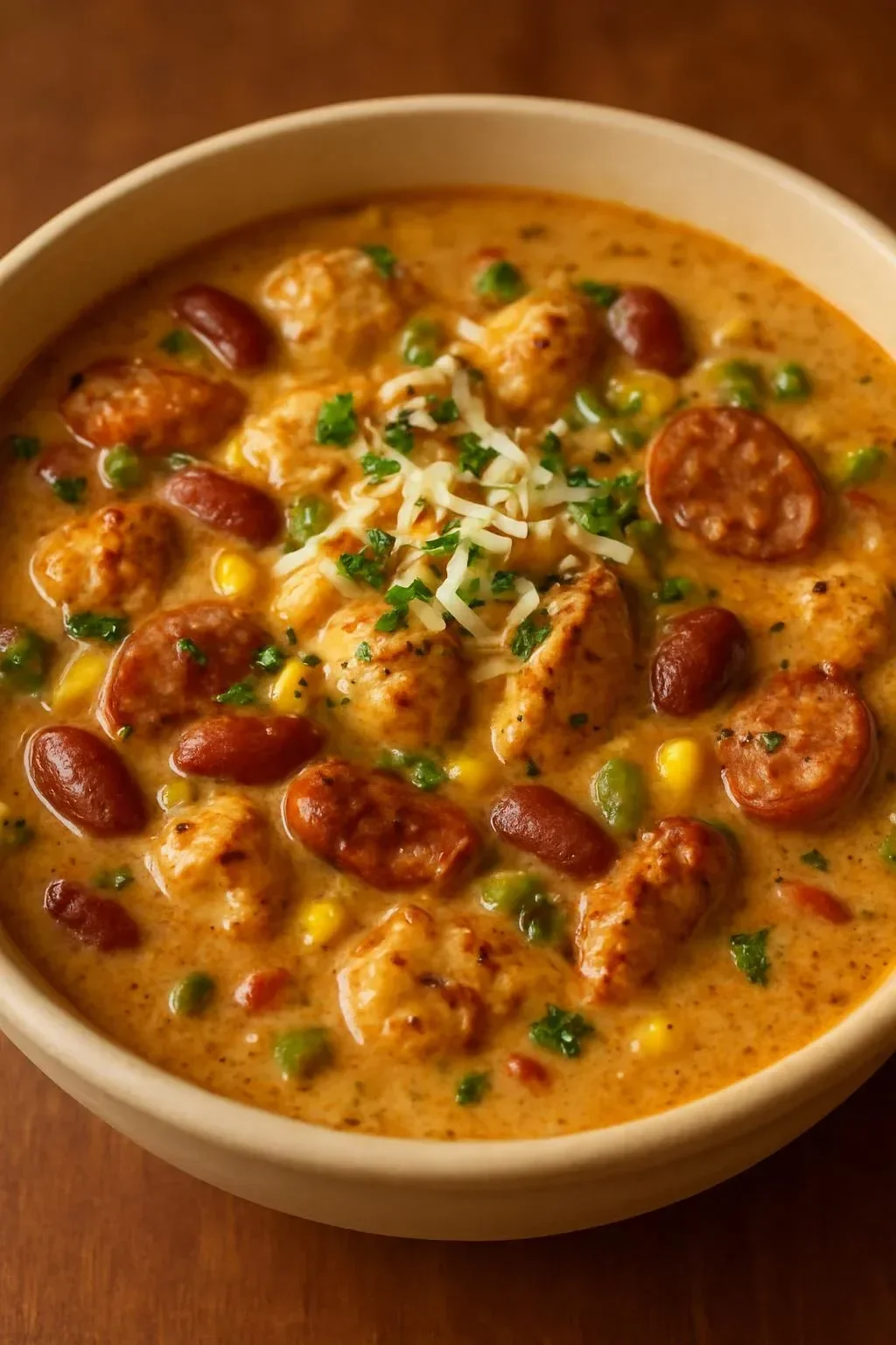 Bowl of creamy Cajun chicken soup with sausage and beans