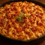 Creamy cheesy baked cabbage dish with crispy bacon on top