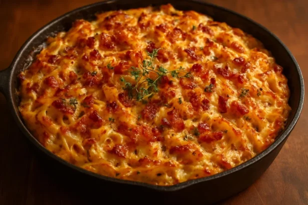 Creamy cheesy baked cabbage dish with crispy bacon on top