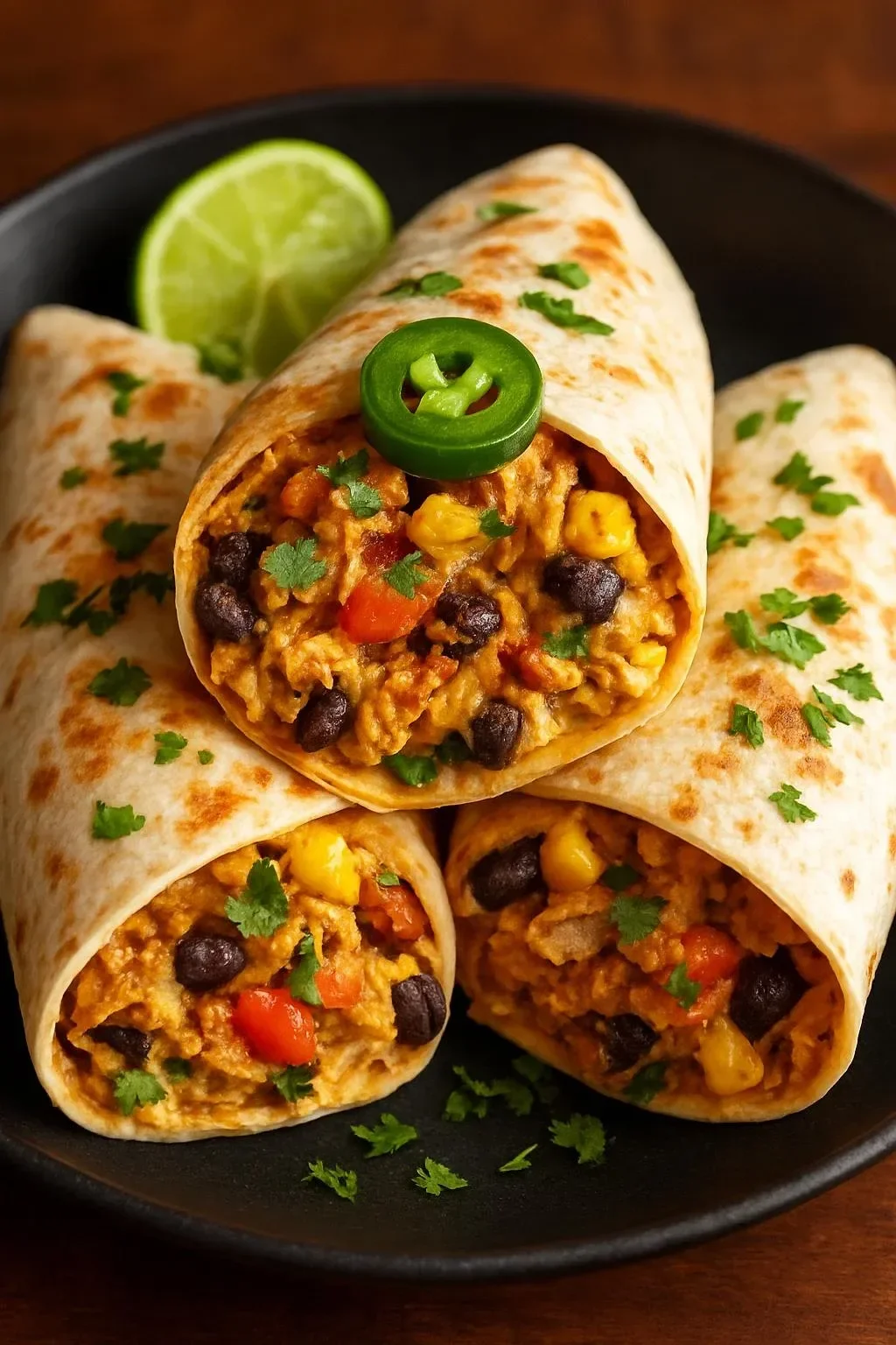 Creamy chicken and black bean wraps served on a plate