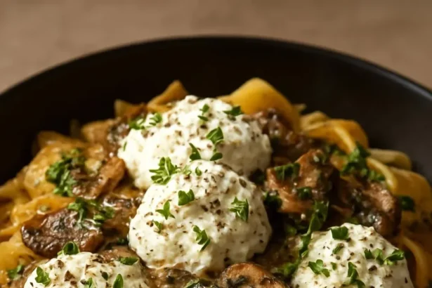 Creamy chicken and mushroom pappardelle pasta topped with burrata cheese