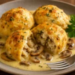 Creamy Chicken and Mushroom Pillows served with savory gravy on a plate