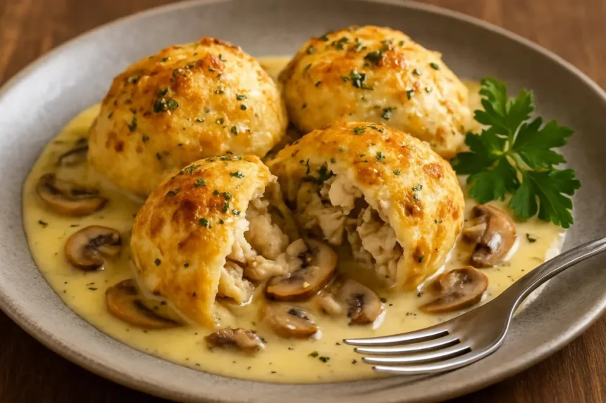 Creamy Chicken and Mushroom Pillows served with savory gravy on a plate