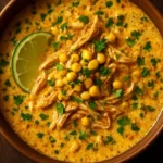 Creamy chicken poblano soup garnished with fresh cilantro and lime.