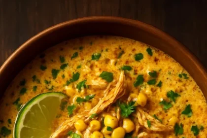 Creamy chicken poblano soup garnished with fresh cilantro and lime.