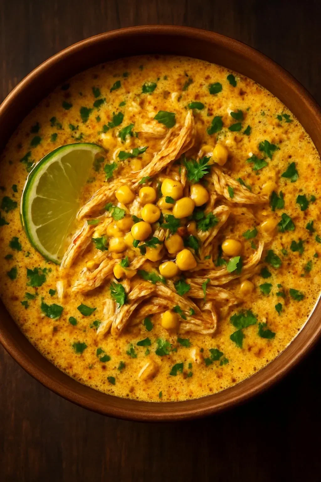Creamy chicken poblano soup garnished with fresh cilantro and lime.