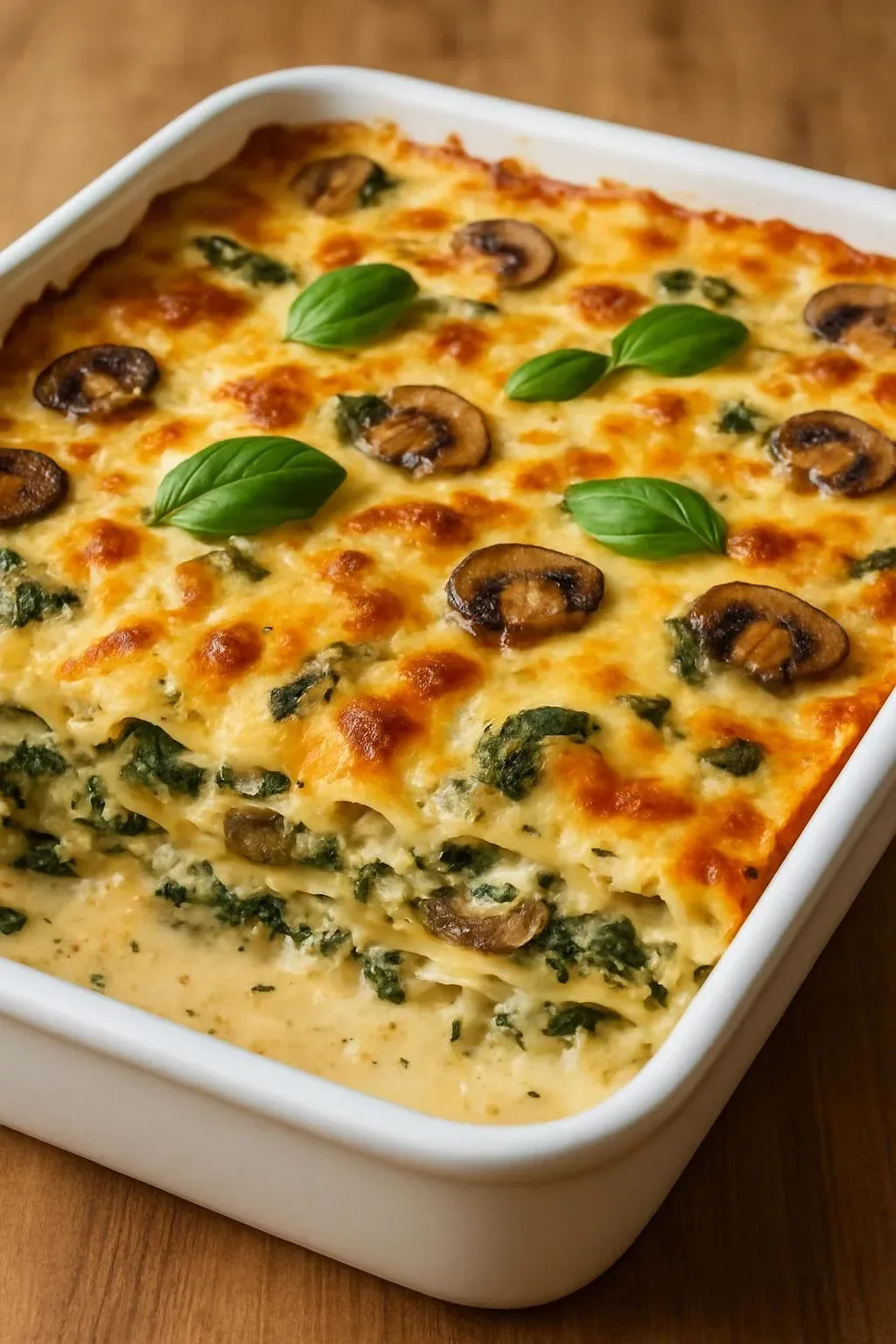 Delicious creamy chicken spinach lasagna baked to perfection.