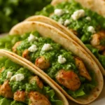 Creamy chimichurri chicken tacos with avocado and feta on a plate