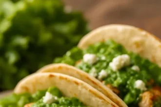 Creamy chimichurri chicken tacos with avocado and feta on a plate